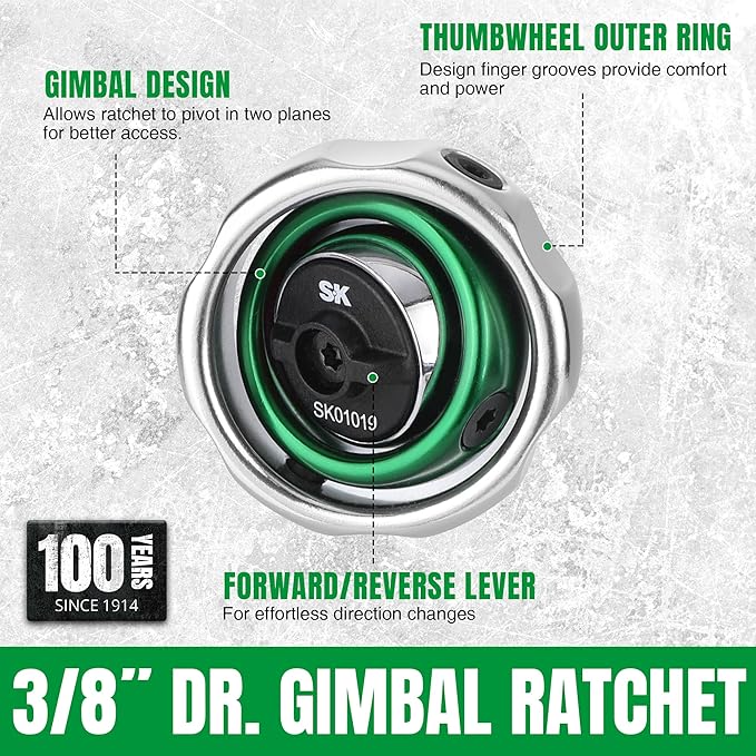 SK 3/8" Drive Gimbal Ratchet, 72 Tooth Gimbal Palm Ratchet, with Reversible Lever, Ideal for Tight Space
