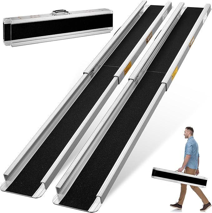 7FT Portable Wheelchair Ramp 2.0, 1200 LBS Capacity Adjustable Wheelchair Ramp for Home Steps, 2PC Threshold Aluminum Handicap ramps for wheelchairs for Home, Stairs, Doorways, Car, Non-Skid