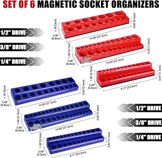 Magnetic Socket Organizer Holder 6-Piece (1/4 In, 3/8 In, 1/2 In Drive Metric SAE) Magnet Socket Rail Trays Storage Set Holds 143 Sockets for Tool Box Drawer