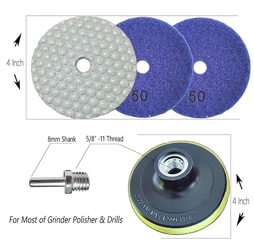 16 Packs Dry Diamond Polishing Pads Grit 50, 4 Inch Dry/Wet Granite Sanding Pad for Bufffing Marble Quartz Concrete Stone Tiles Used for Grinder Polisher Drill