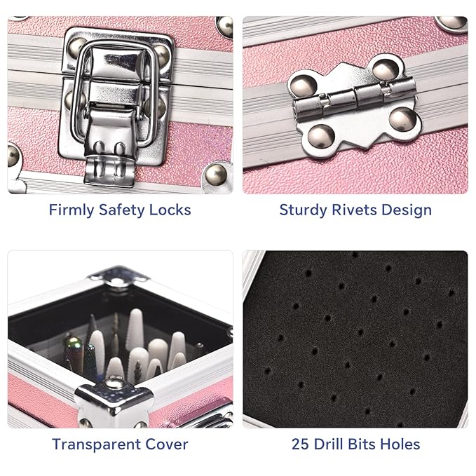 Nail Drill Bits Box Container 25 Hole Professional Nail Sander Storage Box Nail Art Tools Storage Container Nail Art Tools for Drill Bits Display Organizer, Pink