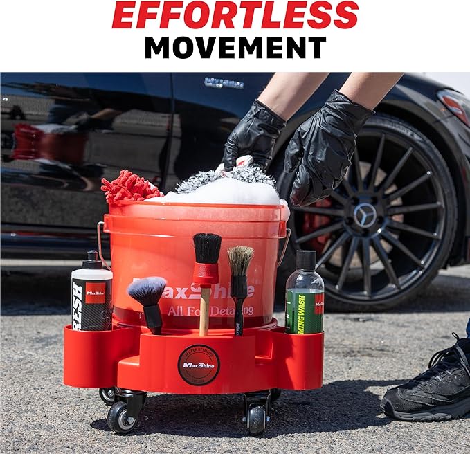 Maxshine Universal Rolling Bucket Dolly (Red) – Heavy-Duty Detailing Bucket Cart with 5 Wheels & 2 Locking Casters – Mobile Organizer for Compounds, Brushes & Car Wash Supplies