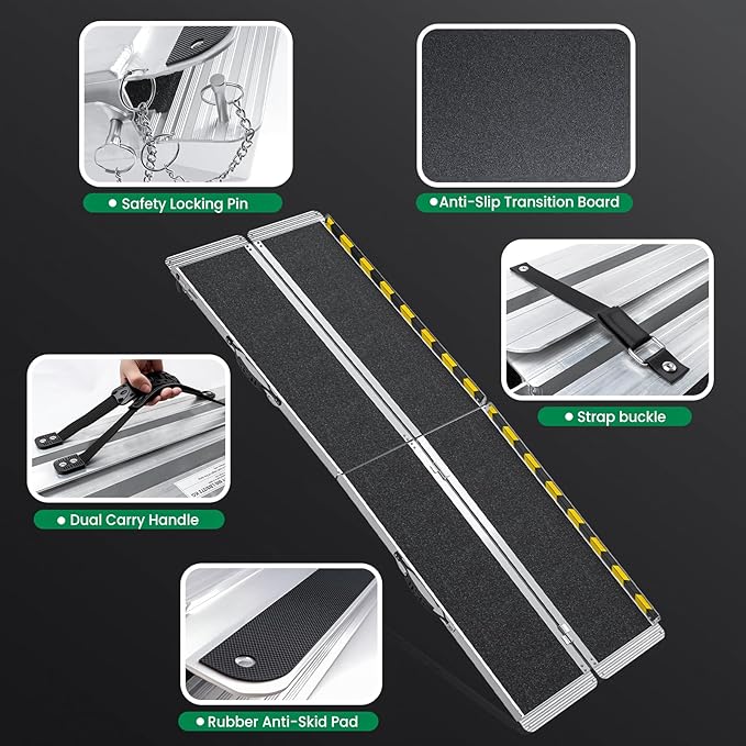 8 Feet Portable Wheelchair Ramp, 600 LBS Capacity Folding Aluminum Threshold Ramp with Anti-Slip Surface, Mobility Access Handicap Ramp for Home Steps, Doorway, Stairs, Doorways, Scooter