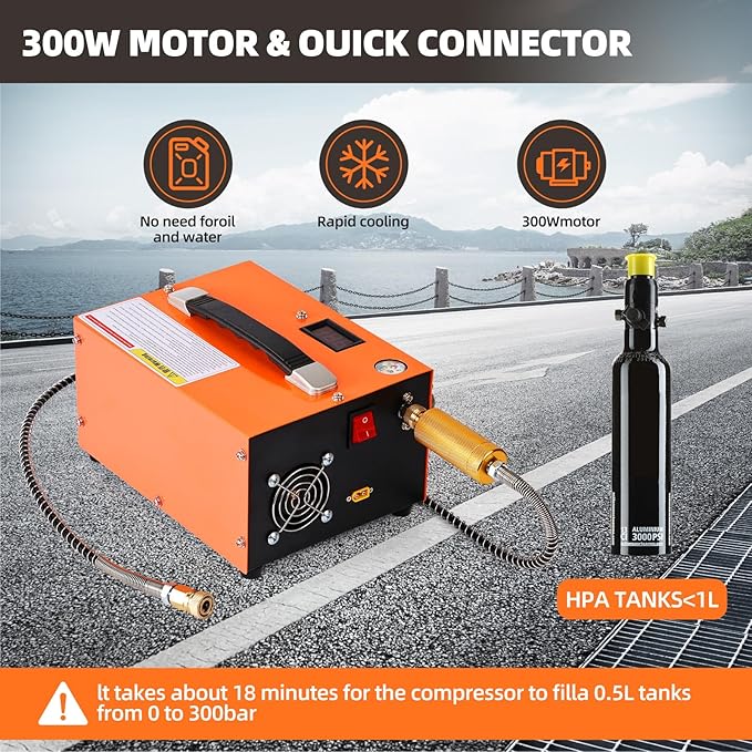 PCP air compressor, 4500 Psi / 30 Mpa, powered by 110V AC / 12V DC, manual stop, oil-free/water-free, built-in cooling fan, suitable for paintball shooting and PCP air guns
