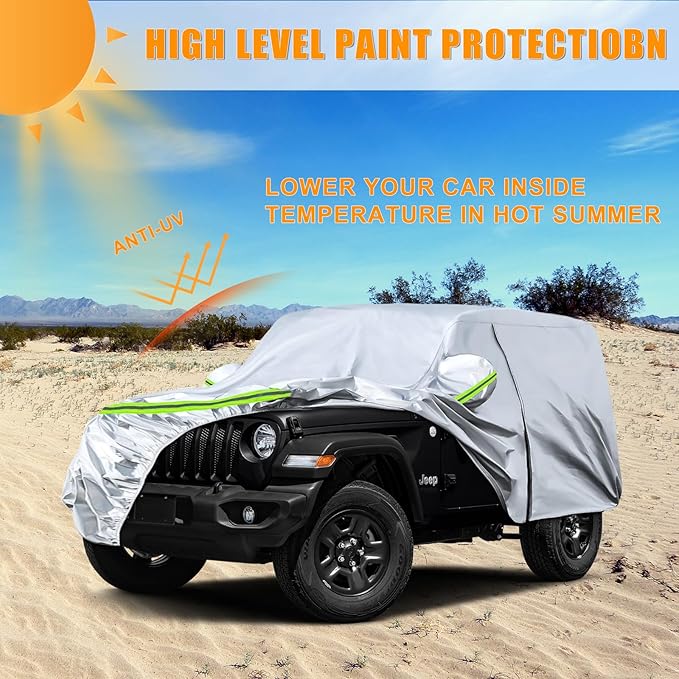 Waterproof Car Covers Replace for 2007-2025 Jeep Wrangler 2 Doors, 6 Layers Silver All Weather Car Cover with Zipper Door & Windproof Bands for Snow Rain Dust Hail Protection