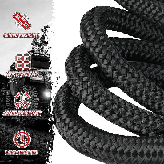 XPV AUTO 1''x30FT Kinetic Recovery Rope (37,000lb.) Black Power Stretch Snatch Tow Strap with 2 Soft Shackles for 4WD Offroad SUV Truck