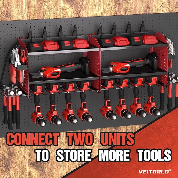 Power Tool Organizer with Charging Station, Heavy Duty Modular Wall Mount Rack for Garage & Shed Organization, 4 Drill Holders, Fathers Day Anniversary Birthday Gifts for Men Dad Him Husband(Red)