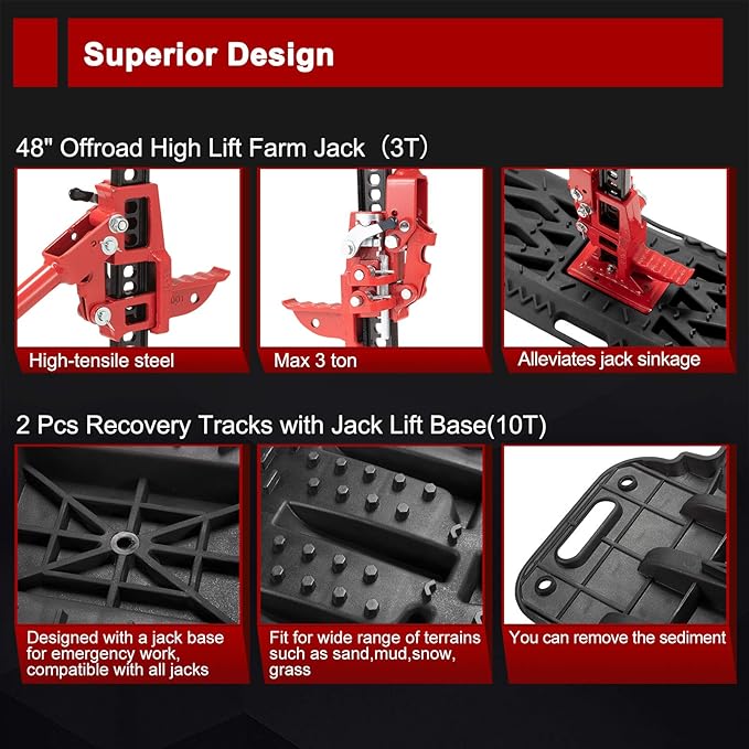 BUNKER INDUST Offroad High Lift Jack with Pair Traction Board Mate,48" FarmJack with Sand Mud Snow Track Mat Board, Offroad Tire Recovery Kit for Car Truck Jeep ATV SUV UTV