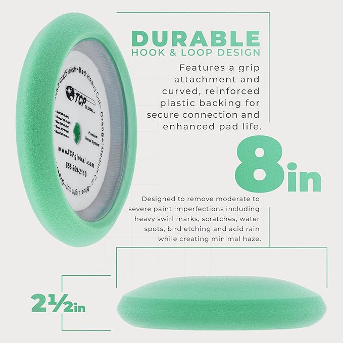 TCP Global 8" Green Foam Buffing Pad Final Cut Polish Hook and Loop Backing - Buffing Pad for Automotive, Marine, Truck, RV & Compound Cutting