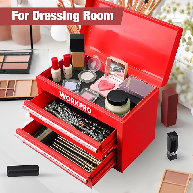 WORKPRO Mini Metal Tool Box with 2 Drawers and Top Storage, Small Tool Chest with PVC Liners and PP Feet Pads, Cold Rolled Steel Toolbox with Magnetic Tab