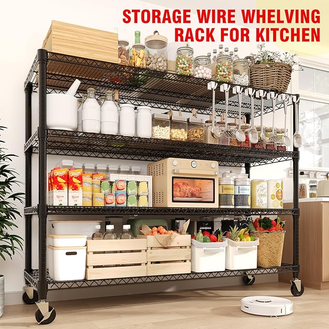 Metal Storage Shelving Units on Wheels, Storage Shelves 4-Tier Wire Rack Shelving for Garage, Heavy Duty 2640LBS Capacity, 72" H X 59 W X18 D Adjustable Shelf for Basement, Pantry, Kitchen