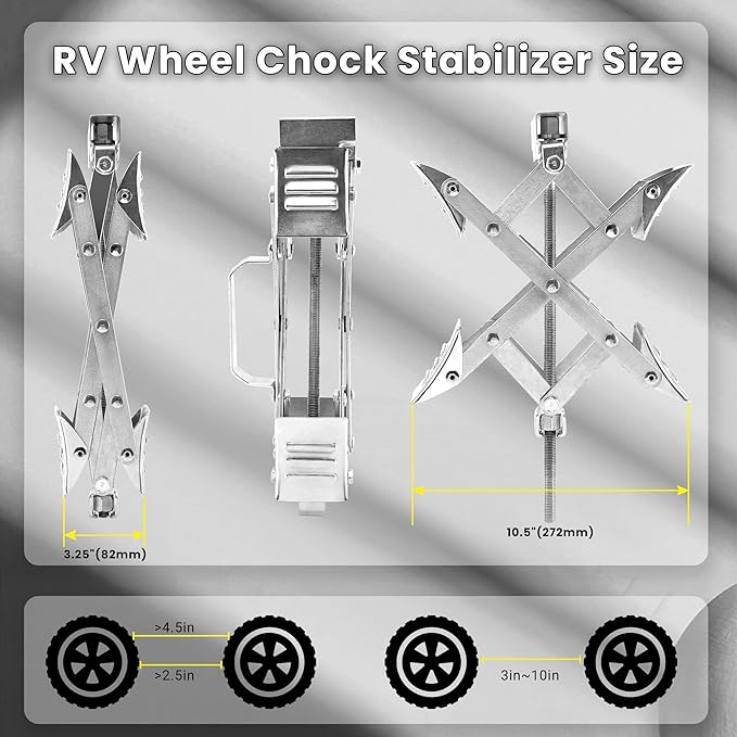 X-Shaped RV Wheel Chock Fit 3.25” to 10.5” Camper Wheel Chock Stabilizer Scissor with Accessories Pair for Travel Trailer, Heavy Duty Tire Wheel Chock Scissor Locking X Chock, 2Pack