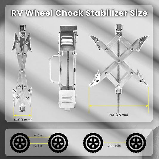 X-Shaped RV Wheel Chock Fit 3.25” to 10.5” Camper Wheel Chock Stabilizer Scissor with Accessories Pair for Travel Trailer, Heavy Duty Tire Wheel Chock Scissor Locking X Chock, 2Pack
