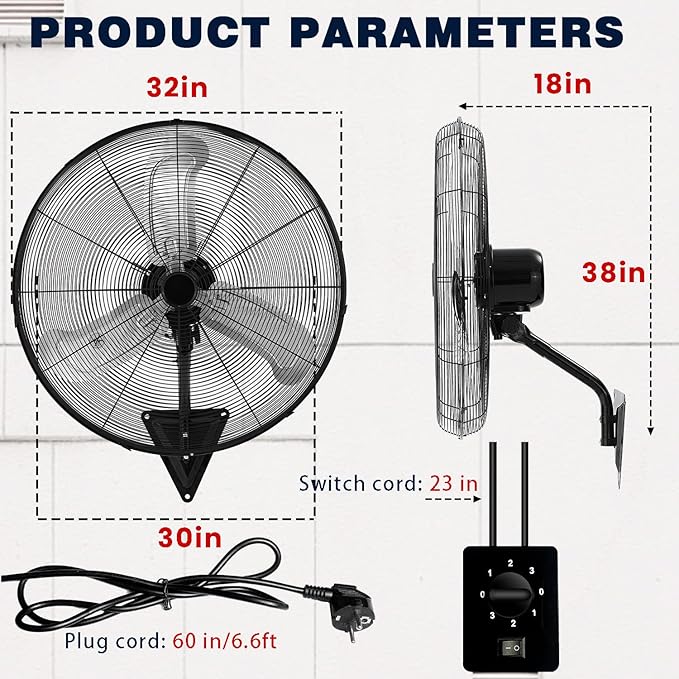 30 Inch Industrial Wall Mount Fan, Heavy Duty Oscillating Wall Mounted Fan with 10000 CFM, High Velocity 3 Speed Fans with Adjustable Tilting for Warehouse, Workshop, Garage, Patios, Commercial