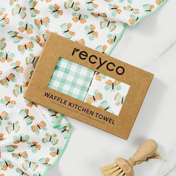 RECYCO Waffle Kitchen Towel Set of 2 - Quick Dry Microfiber Sustainable Dish Towels - Ultra Absorbent Reusable Cleaning Tea Towels - Lightweight Hand Towels,16”x 28”, Butterfly Gingham