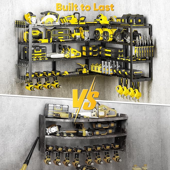 POKIPO Extra Large 64" W Power Tool Organizer Wall Mount, Load 1000 lbs, Heavy Duty 4 Tier Garage Storage Rack with 8 Drill Holders, 2 in 1 Corner or Straight Installation