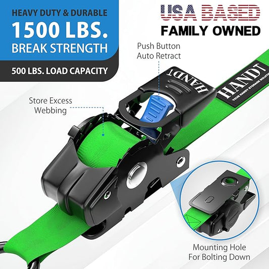 HandT USA Based Retractable Ratchet Straps (2PK) 1in x 6ft - 1,500lb Break Strength, Heavy Duty Automatic Ratchet Straps Self Retractable Tie Down, Push Button Retracting Truck Trailer Cargo | Green