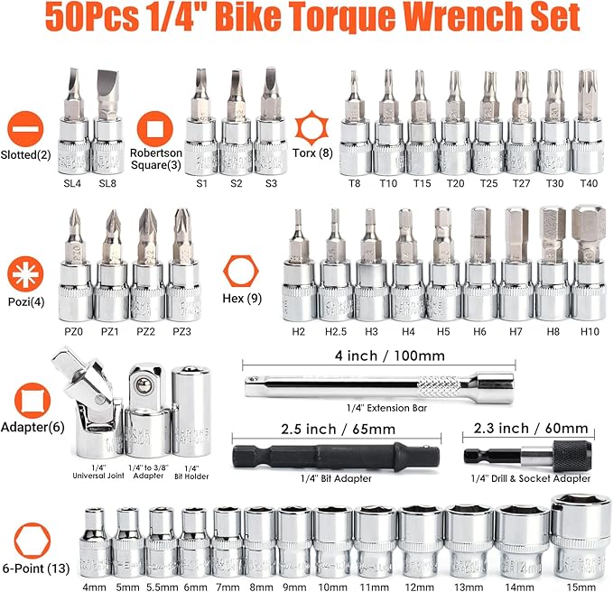 50PCS Inch Pound Torque Wrench Set, 1/4" Drive Bike Torque Wrench, 10-230 in.lb (1.1-26.0 nm), 72-Tooth Dual Direction Click Torque Wrench with Bit Sockets, for Bicycle, MTB, E-Bike Maintenance