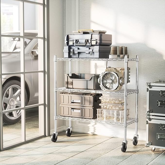 Auslar 3-Shelf Storage Shelves with Casters Heavy Duty 3-Tier Rolling Cart Utility Racks Adjustable Wire Metal Storage Shelving, Chrome