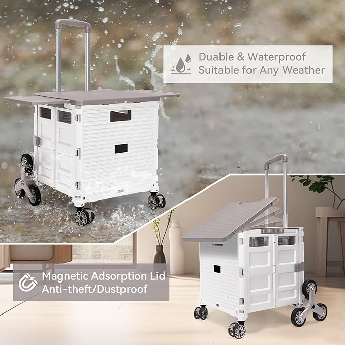 Foldable Utility Cart with Stair Climbing Wheels,Collapsible Rolling Crate with Magnetic Lid Telescopic Cover,Adjustable Telescoping Handle,360° Rotate Wheel Hand Cart for Teacher Shopping Moving