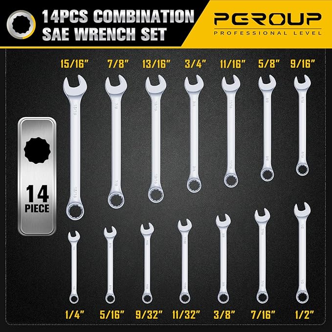 14 Piece Combination Wrench Set,1/4”-15/16” SAE Wrench Set, Open End and 12-Point Box End Wrenches, CR-V Steel Mirror Chrome Polished, With Wrench Roll