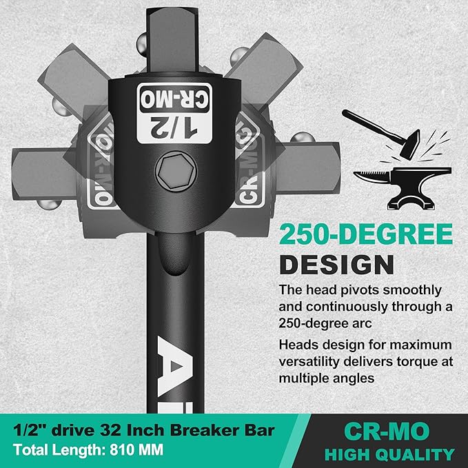 1/2" Drive 32 Inch Breaker Bar, Heavy Duty Head, Premium Chromium-Molybdenum Steel, Laser Etched Marking, for Grip and Break Loose Tight Bolts, Nuts