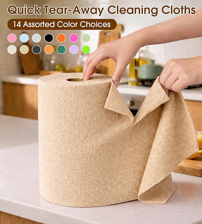KitchLife Microfiber Cleaning Cloth Roll, 100 Pack - Tear-Away Microfiber Paper Towels, Lint-Free, Reusable, Washable for Kitchen, Car, Dishes, and Sensitive Surfaces (Wheat)