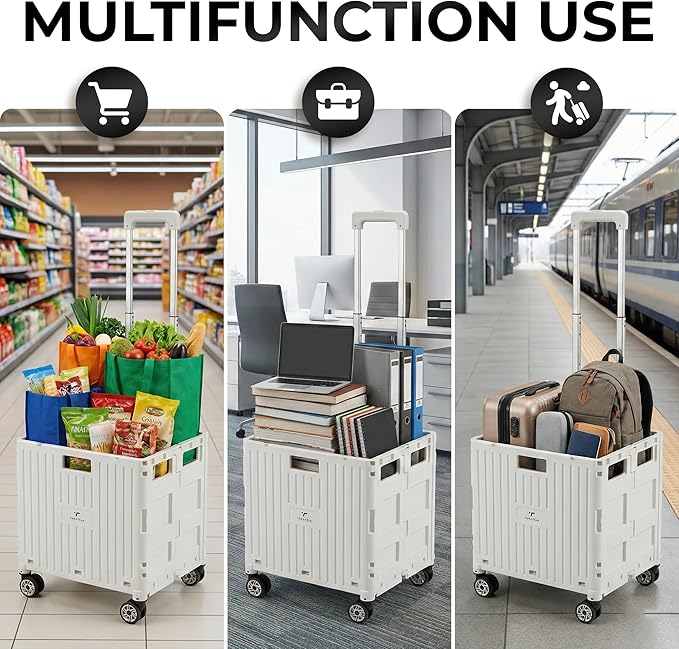 Rolling Cart for Teachers – Collapsible Cart with Wheels, Foldable Utility and Grocery Cart on Wheels for Classroom, Office, Travel, Tool Box, and Move Luggage (White)