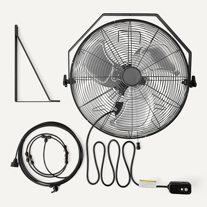 Amazon Basics 18" Outdoor Heavy-Duty Misting Fan, Wall-Mounted, Industrial, Waterproof (IP44), With Tilt Head, Metal Blades, Dual Ball Bearing Motor, 3 Speeds Up to 1550 RPM and 3781 CFM, Black
