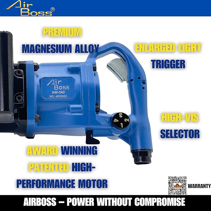 Airboss AW-342GL 1" US Germany Award Winning Premium Air Impact Wrench Heavy Duty 2730 ft-lb Nut Busting Torque 8 Inch Anvil 23 Pounds Award-Winning Design Lightweight High Performance