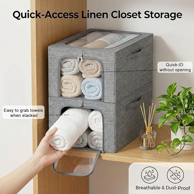 GoMaihe Clothes Storage Bins Metal Frame: 6-Pack Compact Stackable Closet Storage Bin with Lid & Clear Window, Space Saving Organizer for Sweaters Kids Clothing (Dorm/Closet 27L)