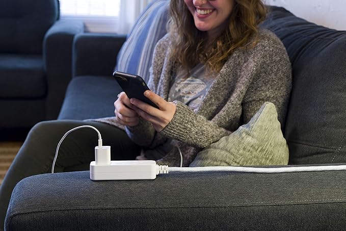 Cordinate 3-Outlet Power Strip Extension Cord with Multiple Outlets 15 Ft Indoor Braided Grounded Flat Plug Extension Cord ETL Listed White 50011