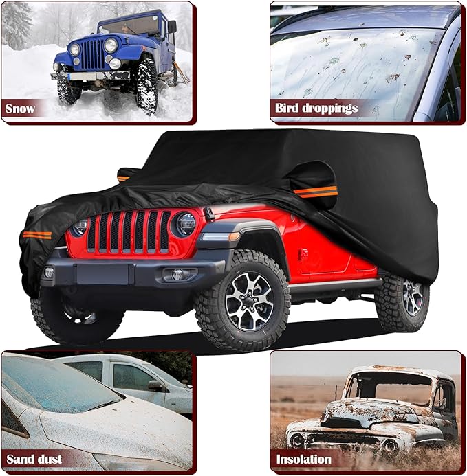 Waterproof Car Cover for Jeep Wrangler 4 Door 2006-2026 JK JL Outdoor Waterproof Sun Rain Snow Hail Protection with Driver Door Zipper