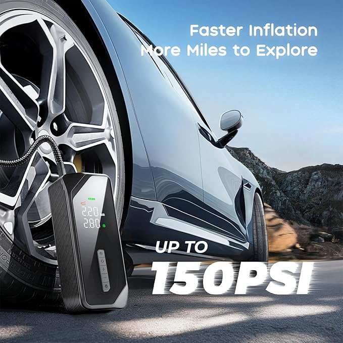 Car Tire Inflator Portable Air Compressor–150 PSI Tire Pump for Car Tires, Electric Bike Tire Pump, Cordless Bike Pump with Digital Pressure Gauge, 4 Preset Modes for Car Bike Motorcycle Balls