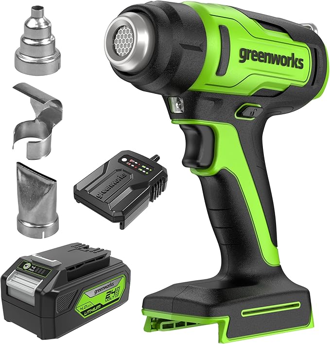 Greenworks 24V Cordless Heat Gun Kit, 4.0Ah Battery & Charger Included - Hot Air Tool, Max to 1000℉/538℃ with 3 Nozzles for Home, Garage, Outdoors