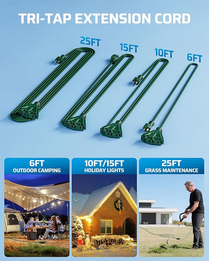 DEWENWILS 6FT Outdoor Extension Cord, Green Extension Cord 13A/1625W, Weatherproof 16/3 SJTW Power Cable with Multiple Outlet,Holiday Decor Landscaping String Lights, ETL Listed, 1 Pack