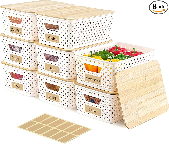 8 Pack Plastic Storage Bins with Bamboo Lids - Stackable Storage Baskets with Handle for Pantry Organizer and Storage, Plastic Containers Bins Lidded Storage Bins for Classroom Office Shelves
