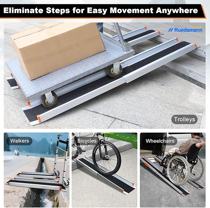 Ruedamann 5FT x 8.3" Adjustable Wheelchair Ramp with Handle, Telescoping Portable Wheelchair Ramp for Home Steps, 600lbs Capacity, Non-Skid Surface Wheel Chair Scooter Ramp for Doorway, Stairs 2Pcs