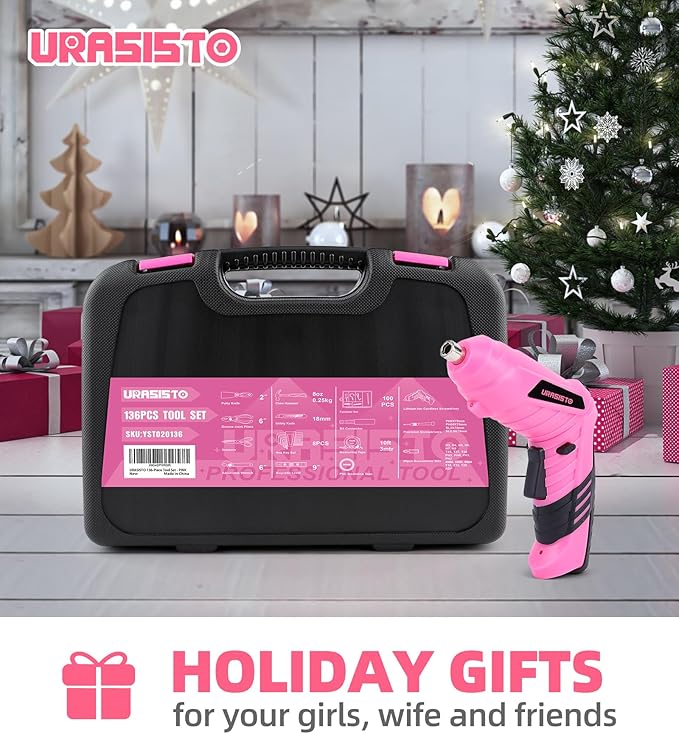 Pink Household Tool Set with 3.6V USB Electric Screwdriver, 136 PCS Home Tool Kit with Cordless Lithium-ion Drill Driver, Hand Tool Kits for Women
