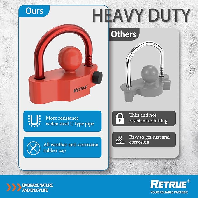 RETRUE Universal Coupler Lock Trailer Locks Ball Hitch Trailer Hitch Lock Adjustable Security Heavy-Duty Steel Fits 1-7/8 Inch, 2 Inch, 2-5/16 Inch Couplers Red & Red