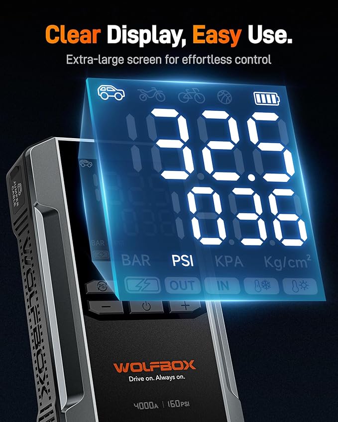 WOLFBOX 4000A Jump Starter with 160PSI air Compressor and 65W Fast Charge Adapter