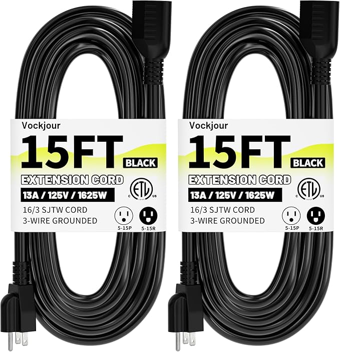 15 Ft 2Pack 13A 1625W 16AWG Black Indoor Outdoor Extension Cord Waterproof, Extension Cord with 3 Prong Grounded Plug, Flexible Weatherproof Power Cable, SJTW