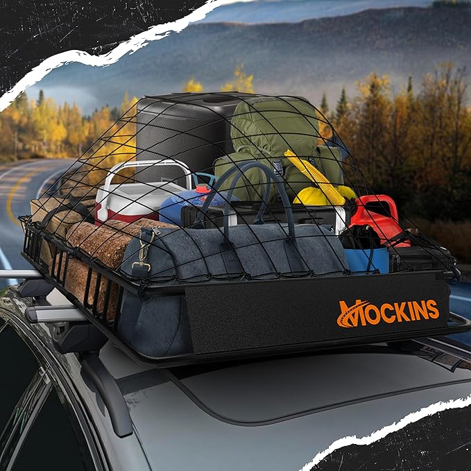 Mockins 50"x36"x4.5" Extendable Car Rooftop Cargo Carrier Rack | 250 Lbs. Capacity Weatherproof Steel Universal Roof Rack Basket | Heavy Duty Car Roof Cargo Carrier Set w/Ratchet Straps & Bungee Net