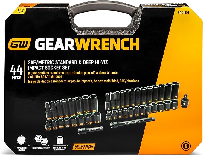 GEARWRENCH 44 Piece 3/8" Drive 6 Point Standard & Deep Impact SAE/Metric Hi-Viz Socket Set | 84916H