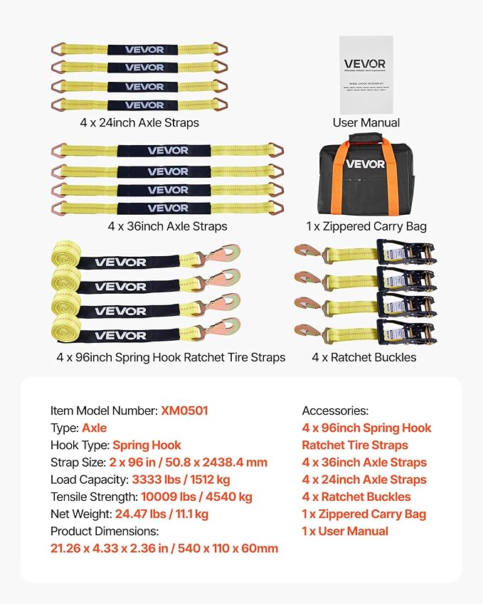 VEVOR Wheel Chock Tie-Down Kit, Axle Type Trailer Tie Down Strap, Car Tie Down Kit with Break Strength 10009 lbs, Working Load 3333 lbs, Trailer Ratchet Strap for ATV, UTV, & Heavy-Duty Pickup Trucks