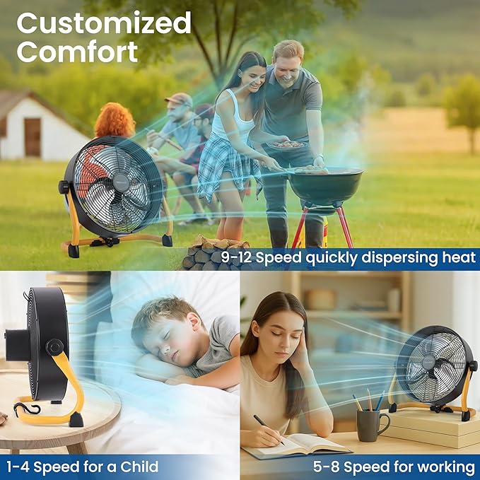 15" Rechargable Battery Operated Fan for Camping,12 Speeds Cordless Floor Fan，Rechargeable Portable Fan for Travel Indoor Outdoor, 12000mAh, 360°Manual Tilt