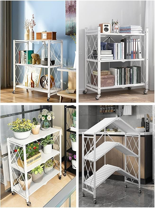 Lanstics 3-Tier Foldable Standing Shelf Units with Wheels, Industrial Style, Heavy Duty Metal Storage Shelves for Home, Kitchen, Bedroom