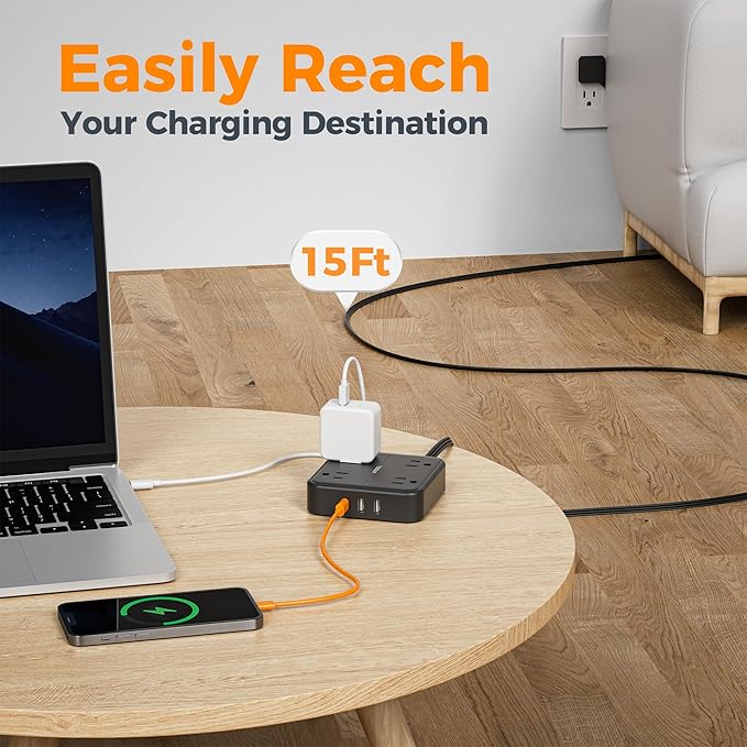 TESSAN Surge Protector Flat Extension Cord 15Ft, Flat Plug Power Strip with 4 Outlets 3 USB Ports (1 USB C), 900 Joules Protection, Multiple Wall Outlet Extender Suitable for Home Office Dorm, Black