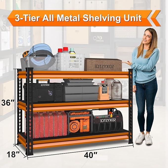 3-Tier Garage Shelving Heavy Duty,40''W x 18''D x 36''H Metal Shelving Unit,1320 lbs Weight Capacity Adjustable Storage Shelves for Retiple Tanks, Aquariums, Pantry,Orange