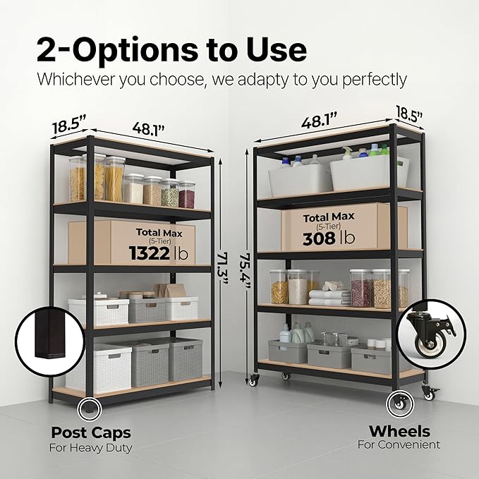 HOMEDANT House 48.1" 5-Tier Metal Rolling Cart Shelf Rack Casters Heavy Duty Laminated Wheel Shelving Unit Adjustable Utility Storage Shelves Shelf Kitchen Garage Black 1Pack